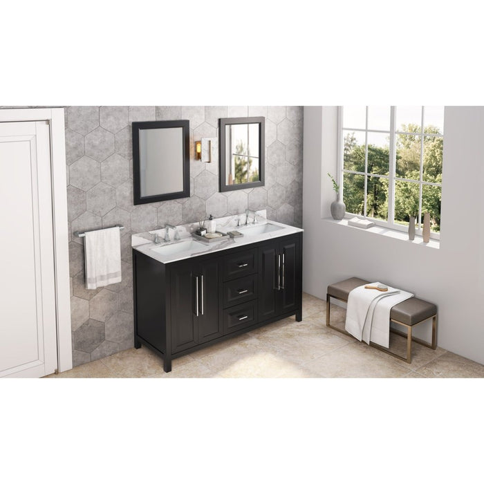 Jeffrey Alexander 60" Black Cade Vanity, double bowl, Calacatta Vienna Quartz Vanity Top, two undermount rectangle bowls