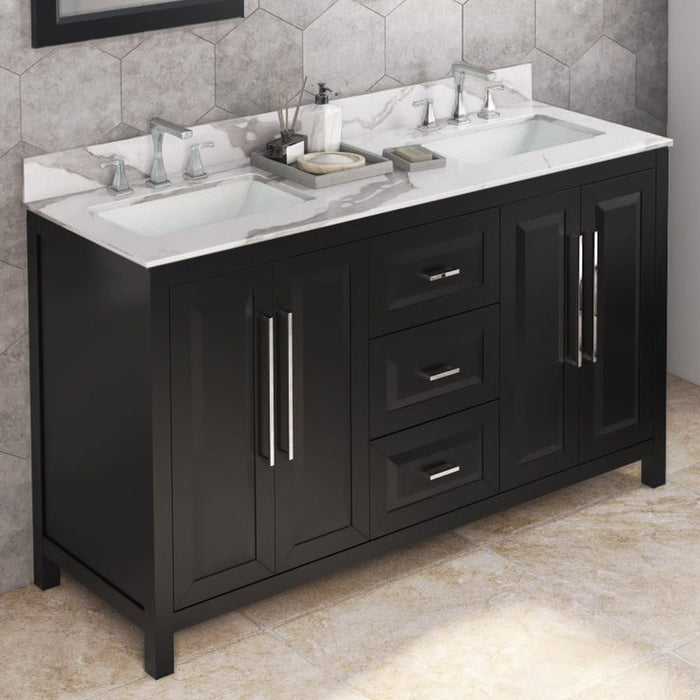 Jeffrey Alexander 60" Black Cade Vanity, double bowl, Calacatta Vienna Quartz Vanity Top, two undermount rectangle bowls