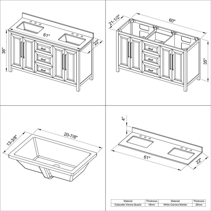 Jeffrey Alexander 60" Black Cade Vanity, double bowl, Calacatta Vienna Quartz Vanity Top, two undermount rectangle bowls