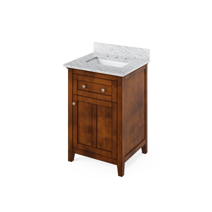 Jeffrey Alexander 24" Chocolate Chatham Vanity, White Carrara Marble Vanity Top, undermount rectangle bowl