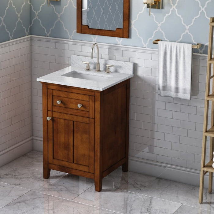 Jeffrey Alexander 24" Chocolate Chatham Vanity, White Carrara Marble Vanity Top, undermount rectangle bowl