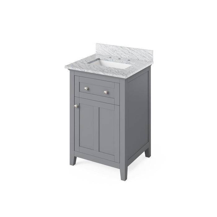 Jeffrey Alexander 24" Grey Chatham Vanity, White Carrara Marble Vanity Top, undermount rectangle bowl