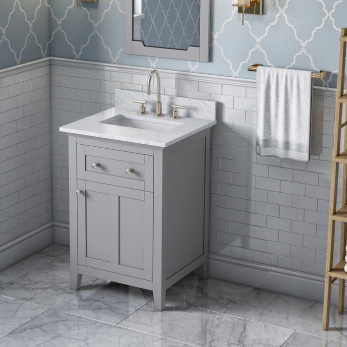 Jeffrey Alexander 24" Grey Chatham Vanity, White Carrara Marble Vanity Top, undermount rectangle bowl