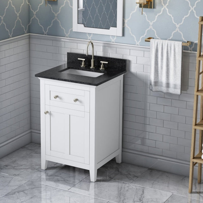 Jeffrey Alexander 24" White Chatham Vanity, Black Granite Vanity Top, undermount rectangle bowl