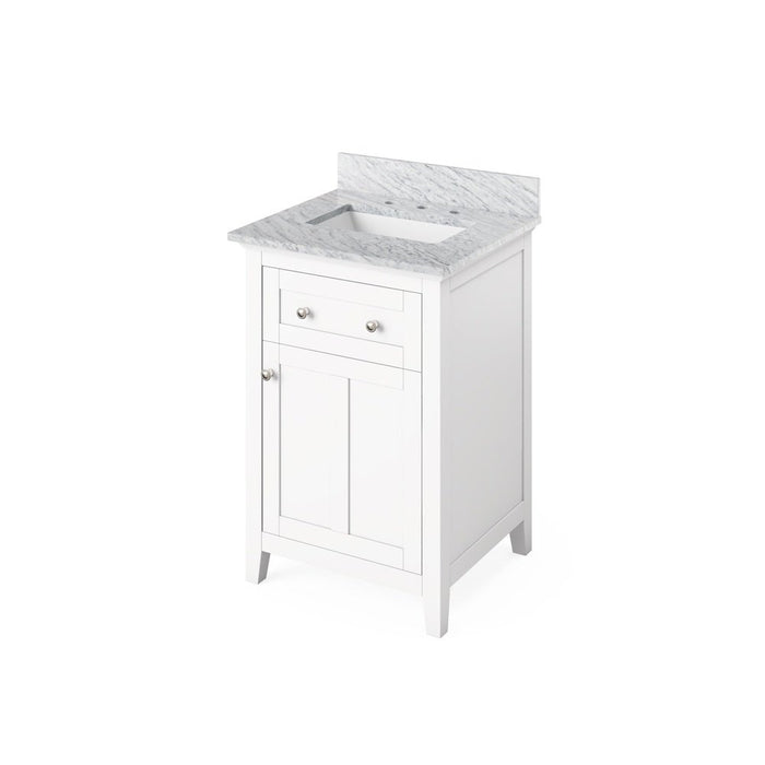 Jeffrey Alexander 24" White Chatham Vanity, White Carrara Marble Vanity Top, undermount rectangle bowl