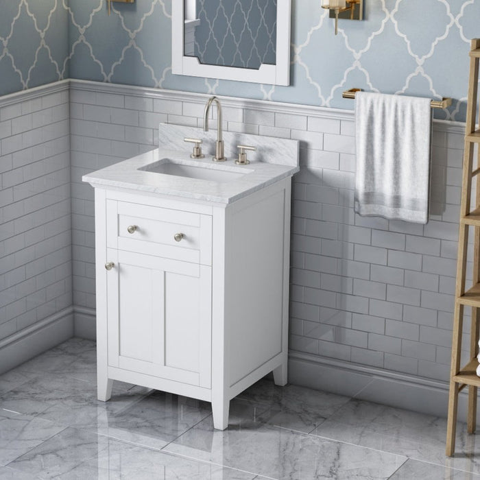 Jeffrey Alexander 24" White Chatham Vanity, White Carrara Marble Vanity Top, undermount rectangle bowl