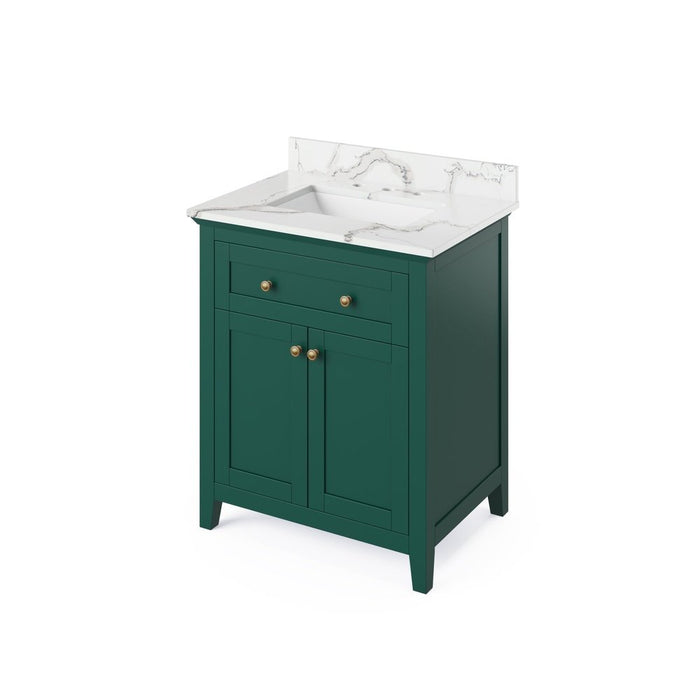 Jeffrey Alexander 30" Forest Green Chatham Vanity, Calacatta Vienna Quartz Vanity Top, undermount rectangle bowl