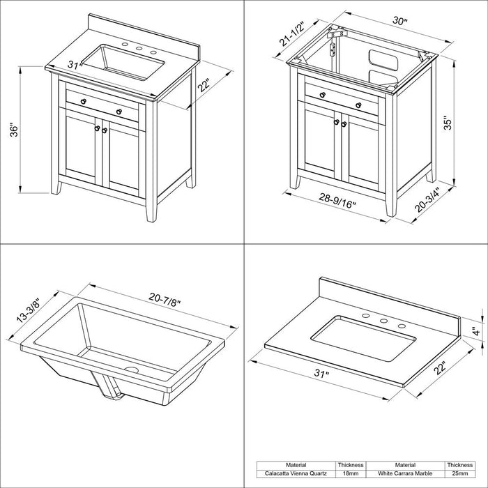 Jeffrey Alexander 30" Grey Chatham Vanity, Calacatta Vienna Quartz Vanity Top, undermount rectangle bowl