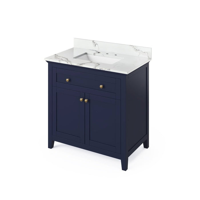 Jeffrey Alexander 36" Hale Blue Chatham Vanity, Calacatta Vienna Quartz Vanity Top, undermount rectangle bowl