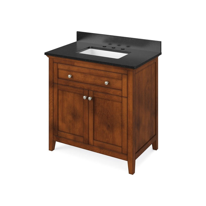 Jeffrey Alexander 36" Chocolate Chatham Vanity, Black Granite Vanity Top, undermount rectangle bowl