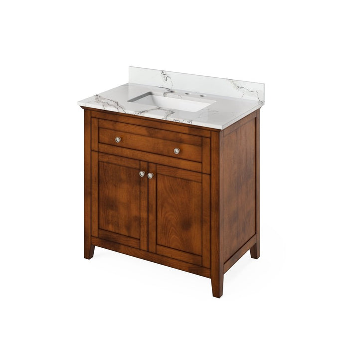 Jeffrey Alexander 36" Chocolate Chatham Vanity, Calacatta Vienna Quartz Vanity Top, undermount rectangle bowl