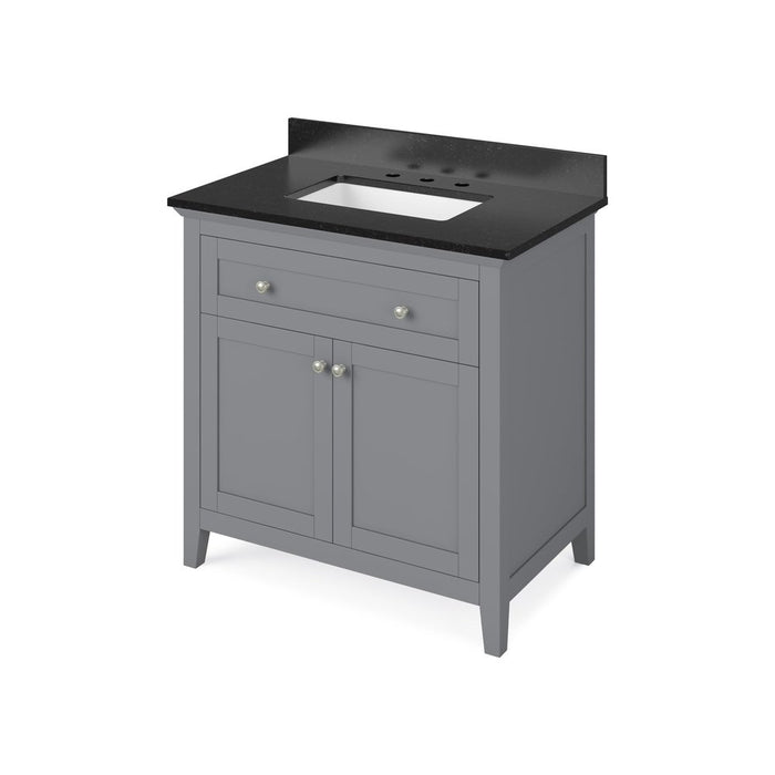 Jeffrey Alexander 36" Grey Chatham Vanity, Black Granite Vanity Top, undermount rectangle bowl