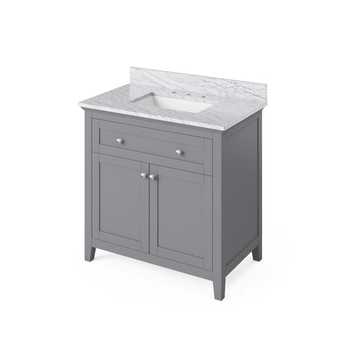 Jeffrey Alexander 36" Grey Chatham Vanity, White Carrara Marble Vanity Top, undermount rectangle bowl