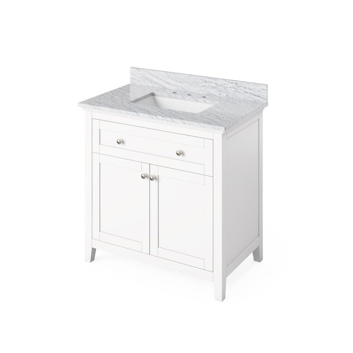 Jeffrey Alexander 36" White Chatham Vanity, White Carrara Marble Vanity Top, undermount rectangle bowl