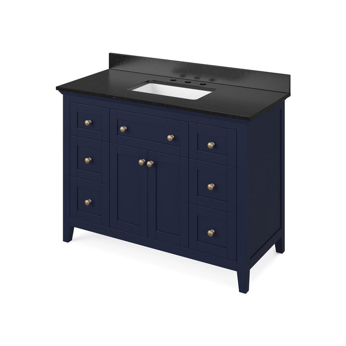 Jeffrey Alexander 48" Hale Blue Chatham Vanity, Black Granite Vanity Top, undermount rectangle bowl