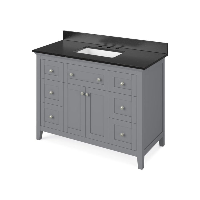 Jeffrey Alexander 48" Grey Chatham Vanity, Black Granite Vanity Top, undermount rectangle bowl