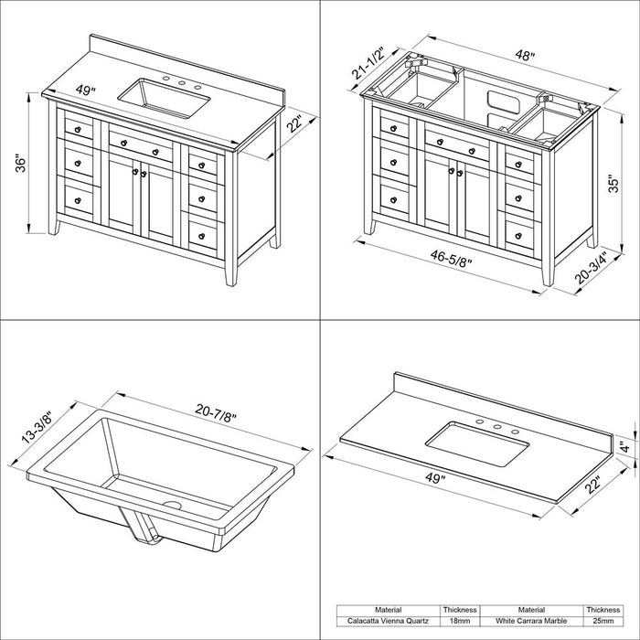 Jeffrey Alexander 48" White Chatham Vanity, Boulder Cultured Marble Vanity Top, undermount rectangle bowl