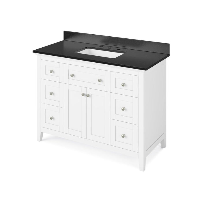 Jeffrey Alexander 48" White Chatham Vanity, Black Granite Vanity Top, undermount rectangle bowl