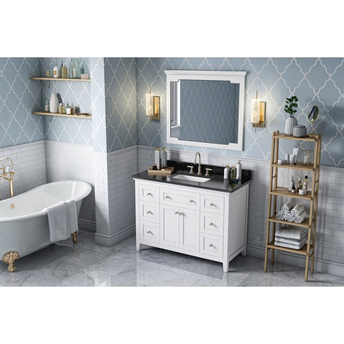 Jeffrey Alexander 48" White Chatham Vanity, Black Granite Vanity Top, undermount rectangle bowl