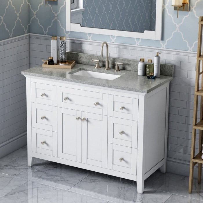 Jeffrey Alexander 48" White Chatham Vanity, Steel Grey Cultured Marble Vanity Top, undermount rectangle bowl