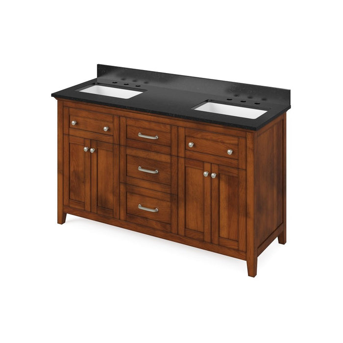 Jeffrey Alexander 60" Chocolate Chatham Vanity, double bowl, Black Granite Vanity Top, two undermount rectangle bowls