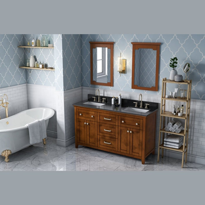 Jeffrey Alexander 60" Chocolate Chatham Vanity, double bowl, Black Granite Vanity Top, two undermount rectangle bowls