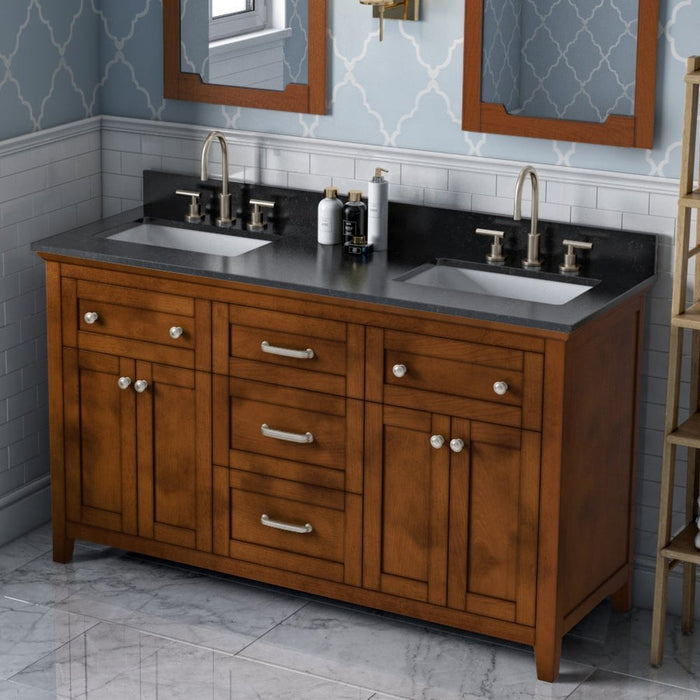 Jeffrey Alexander 60" Chocolate Chatham Vanity, double bowl, Black Granite Vanity Top, two undermount rectangle bowls