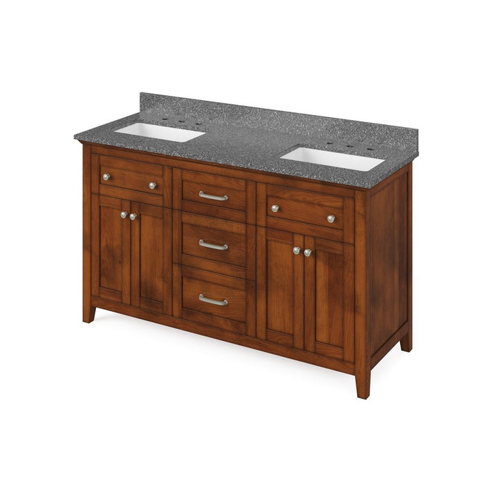 Jeffrey Alexander 60" Chocolate Chatham Vanity, double bowl, Boulder Cultured Marble Vanity Top, two undermount rectangle bowls