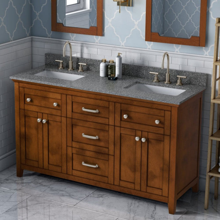 Jeffrey Alexander 60" Chocolate Chatham Vanity, double bowl, Boulder Cultured Marble Vanity Top, two undermount rectangle bowls