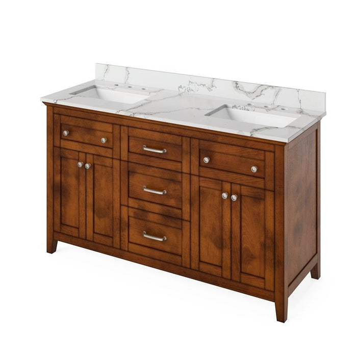 Jeffrey Alexander 60" Chocolate Chatham Vanity, double bowl, Calacatta Vienna Quartz Vanity Top, two undermount rectangle bowls