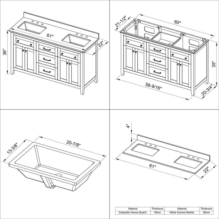 Jeffrey Alexander 60" White Chatham Vanity, double bowl, Boulder Cultured Marble Vanity Top, two undermount rectangle bowls