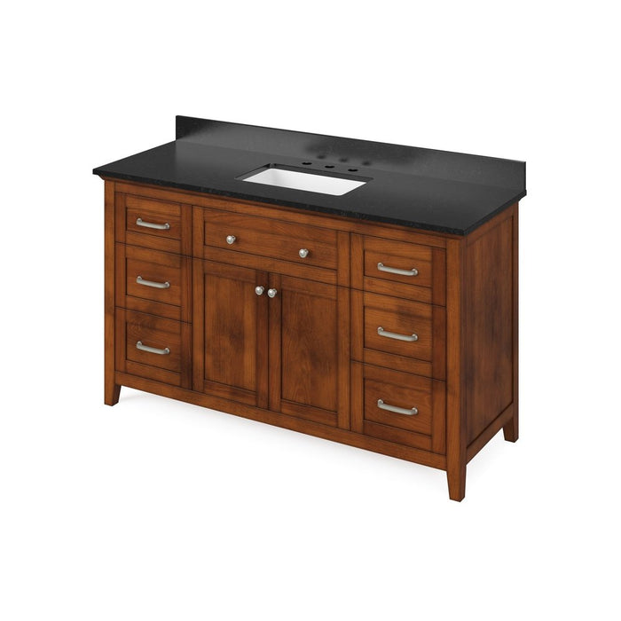 Jeffrey Alexander 60" Chocolate Chatham Vanity, Black Granite Vanity Top, undermount rectangle bowl