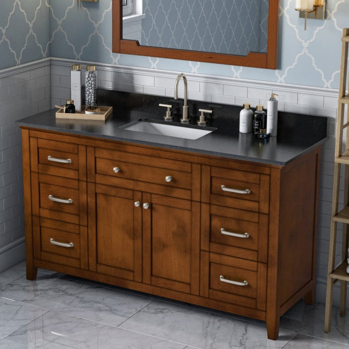 Jeffrey Alexander 60" Chocolate Chatham Vanity, Black Granite Vanity Top, undermount rectangle bowl