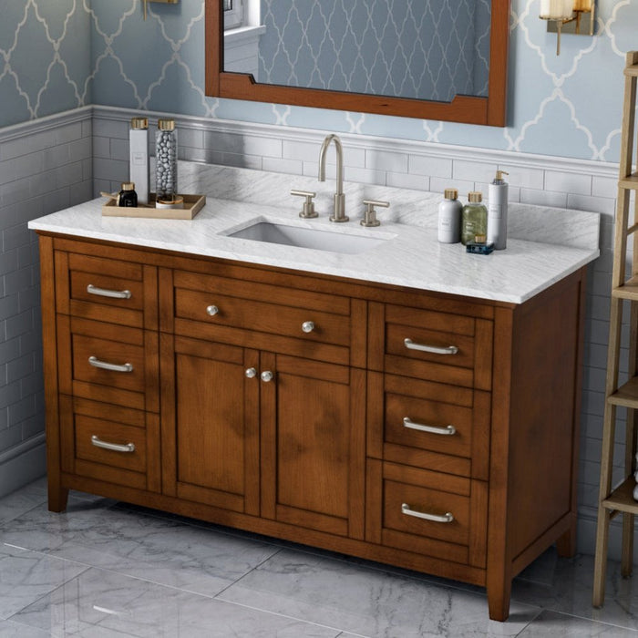 Jeffrey Alexander 60" Chocolate Chatham Vanity, White Carrara Marble Vanity Top, undermount rectangle bowl