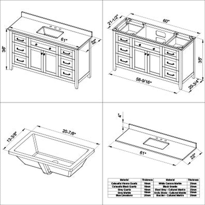 Jeffrey Alexander 60" White Chatham Vanity, Black Granite Vanity Top, undermount rectangle bowl