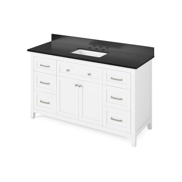 Jeffrey Alexander 60" White Chatham Vanity, Black Granite Vanity Top, undermount rectangle bowl