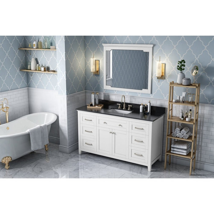 Jeffrey Alexander 60" White Chatham Vanity, Black Granite Vanity Top, undermount rectangle bowl