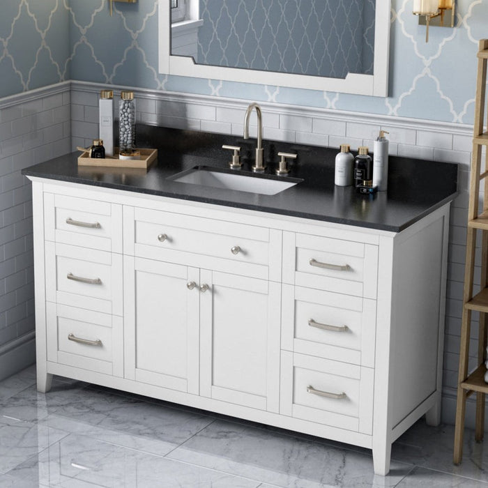 Jeffrey Alexander 60" White Chatham Vanity, Black Granite Vanity Top, undermount rectangle bowl