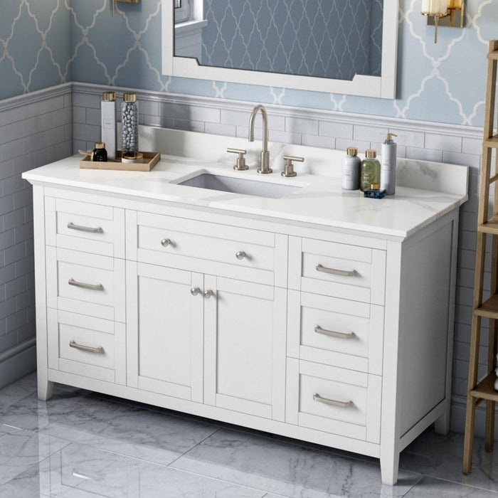 Jeffrey Alexander 60" White Chatham Vanity, Calacatta Vienna Quartz Vanity Top, undermount rectangle bowl