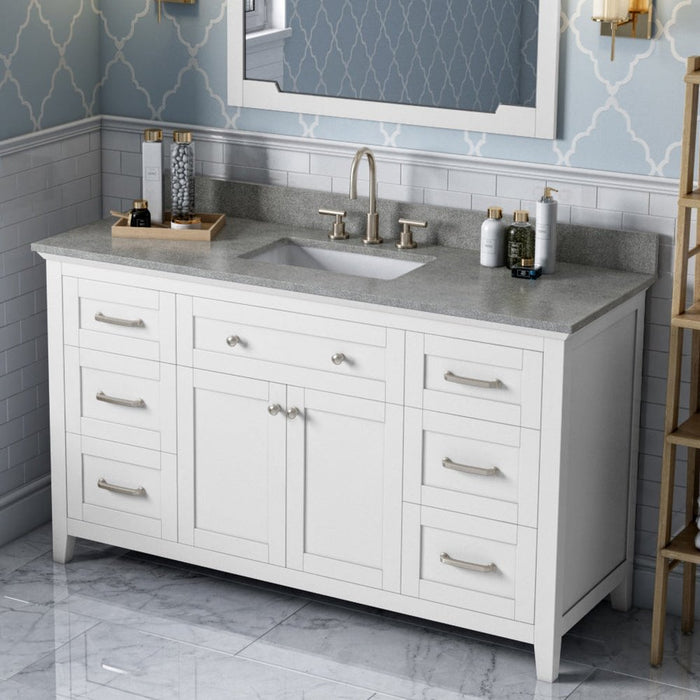 Jeffrey Alexander 60" White Chatham Vanity, Steel Grey Cultured Marble Vanity Top, undermount rectangle bowl