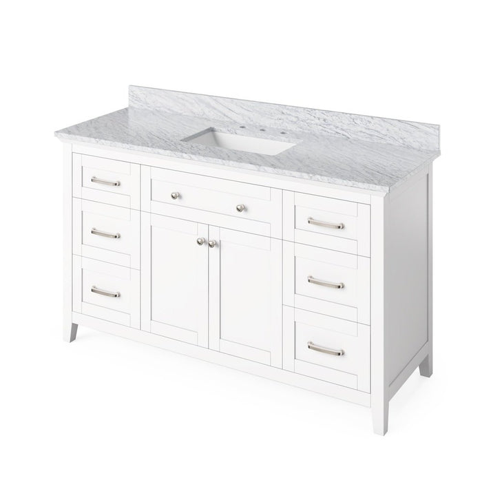 Jeffrey Alexander 60" White Chatham Vanity, White Carrara Marble Vanity Top, undermount rectangle bowl