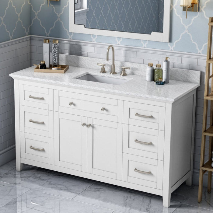 Jeffrey Alexander 60" White Chatham Vanity, White Carrara Marble Vanity Top, undermount rectangle bowl