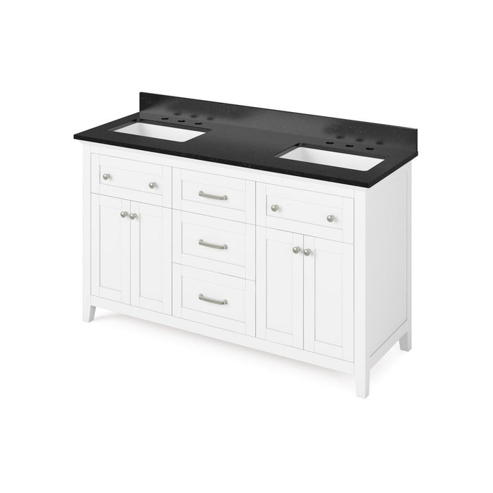 Jeffrey Alexander 60" White Chatham Vanity, double bowl, Black Granite Vanity Top, two undermount rectangle bowls