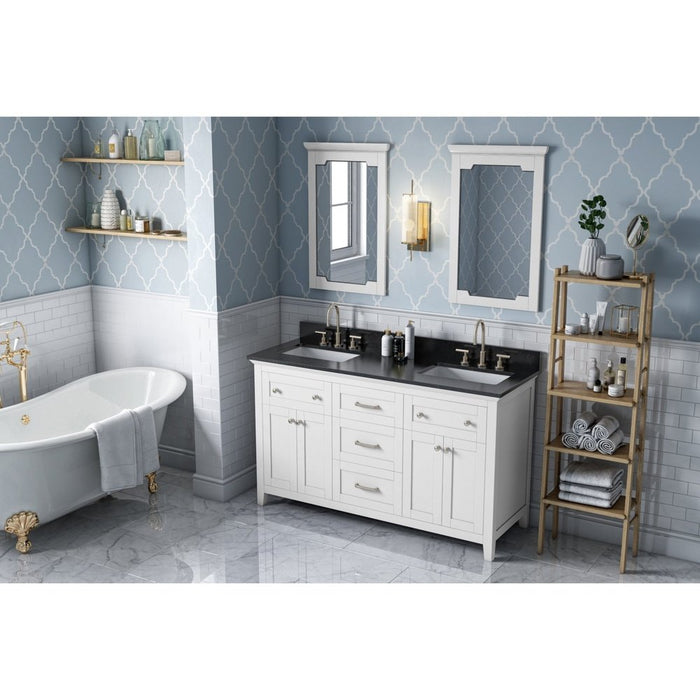 Jeffrey Alexander 60" White Chatham Vanity, double bowl, Black Granite Vanity Top, two undermount rectangle bowls