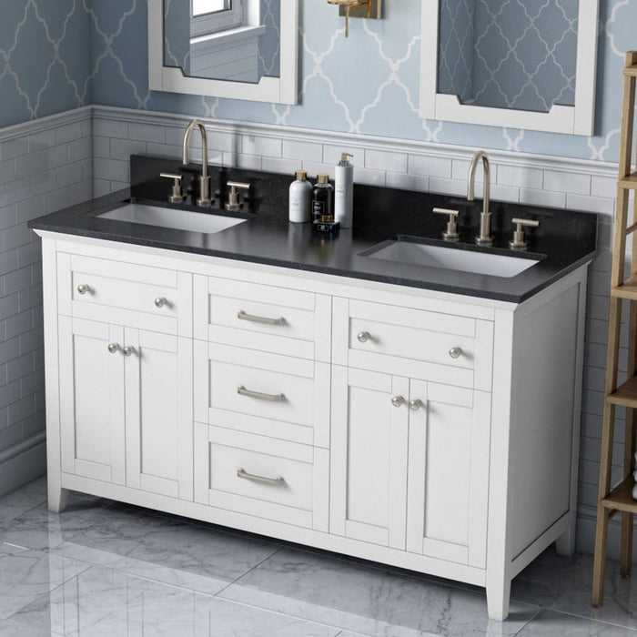 Jeffrey Alexander 60" White Chatham Vanity, double bowl, Black Granite Vanity Top, two undermount rectangle bowls