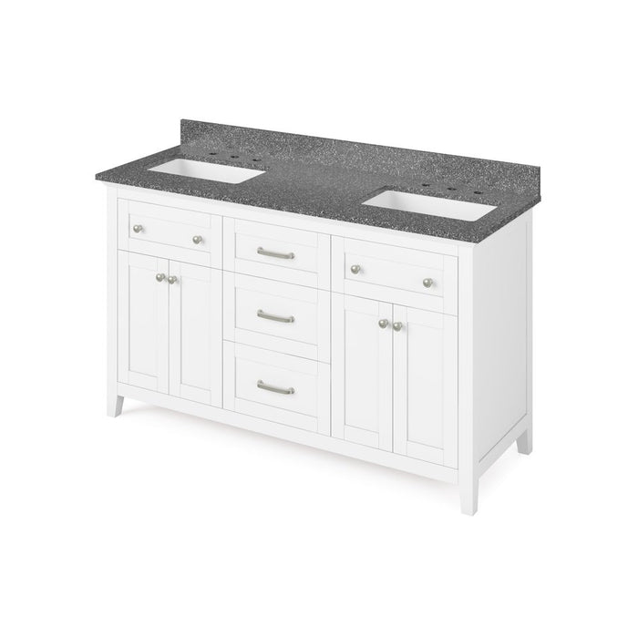 Jeffrey Alexander 60" White Chatham Vanity, double bowl, Boulder Cultured Marble Vanity Top, two undermount rectangle bowls