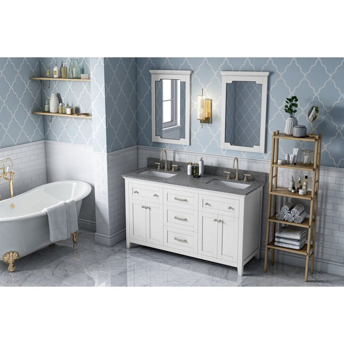 Jeffrey Alexander 60" White Chatham Vanity, double bowl, Boulder Cultured Marble Vanity Top, two undermount rectangle bowls