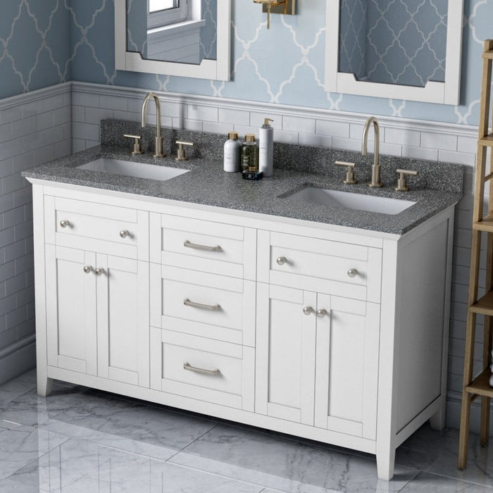 Jeffrey Alexander 60" White Chatham Vanity, double bowl, Boulder Cultured Marble Vanity Top, two undermount rectangle bowls