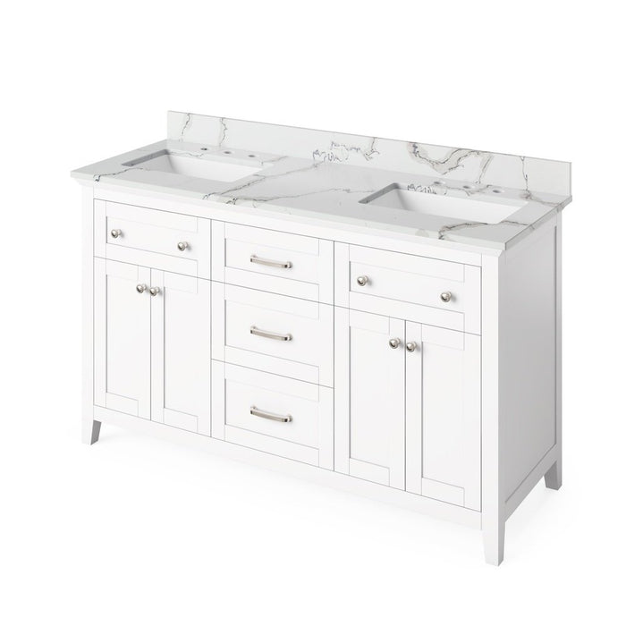 Jeffrey Alexander 60" White Chatham Vanity, double bowl, Calacatta Vienna Quartz Vanity Top, two undermount rectangle bowls