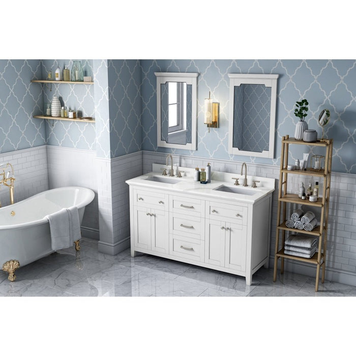 Jeffrey Alexander 60" White Chatham Vanity, double bowl, Calacatta Vienna Quartz Vanity Top, two undermount rectangle bowls